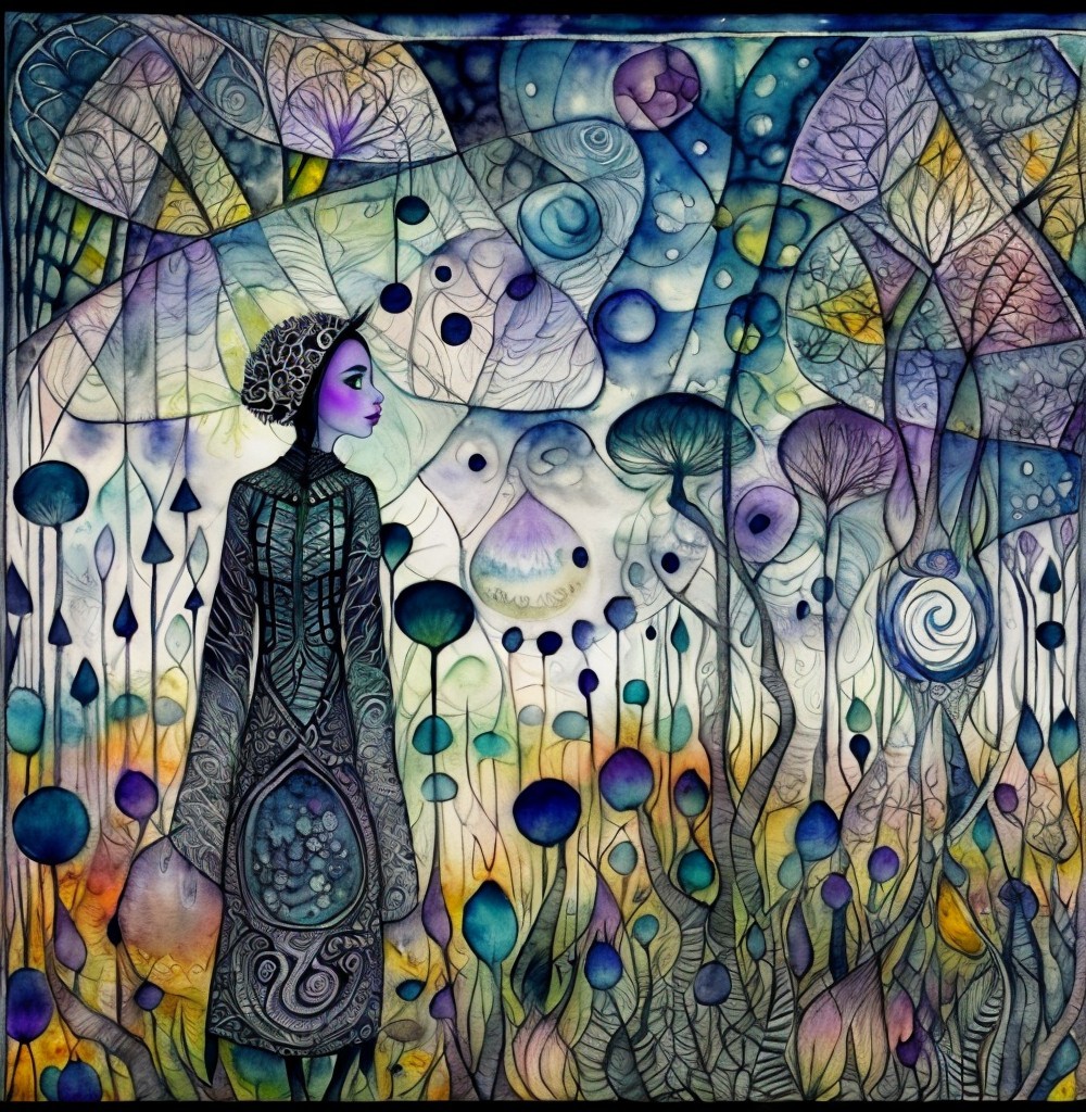 Whimsical Figure in a Colorful Fantasy Garden