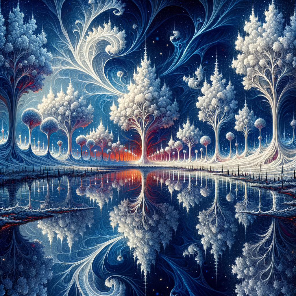 Surreal Landscape with Luminous Trees and Reflection