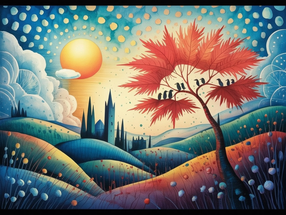 Vibrant landscape with golden sun and red tree