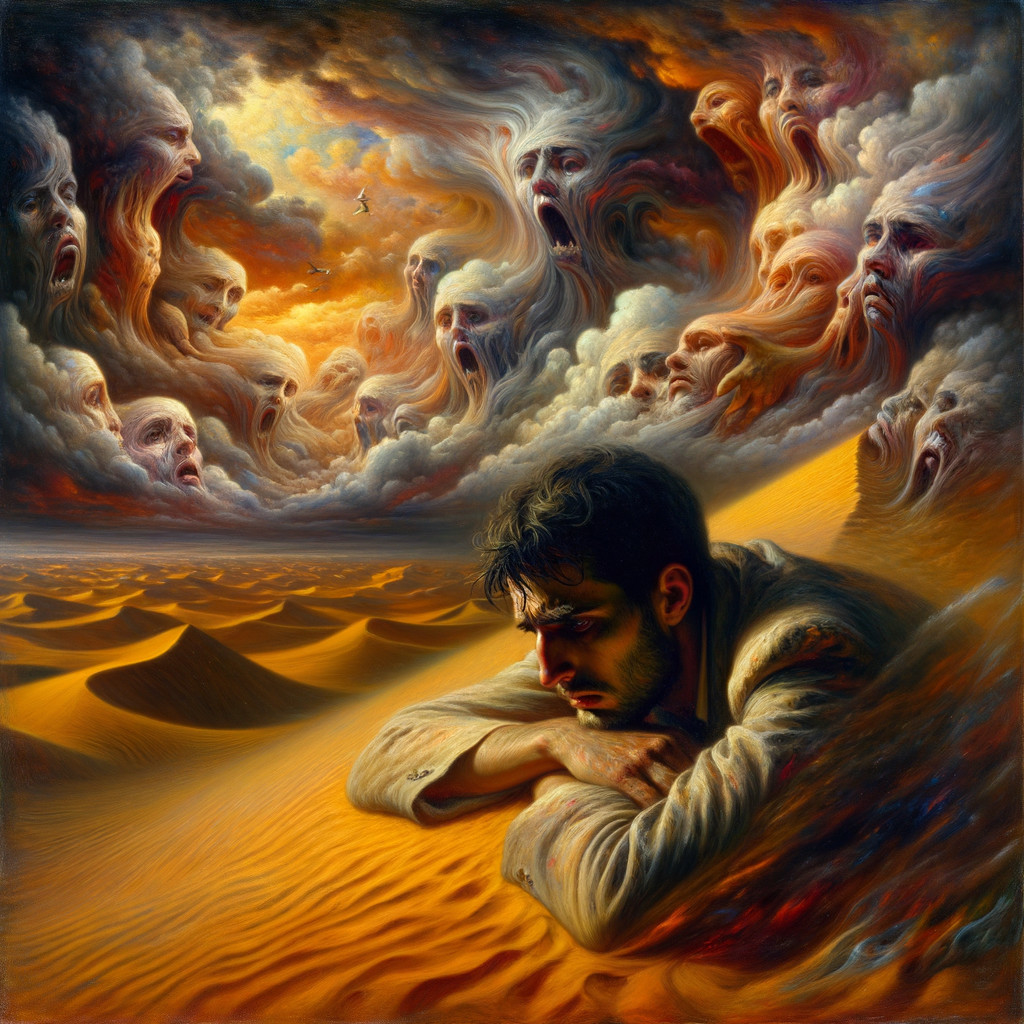 Surreal Desert Landscape with Troubled Man and Faces