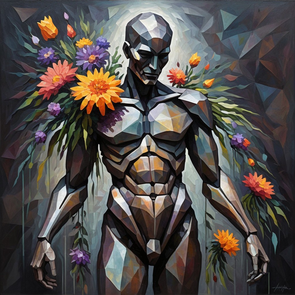 Geometric Metallic Figure with Vibrant Floral Adornments