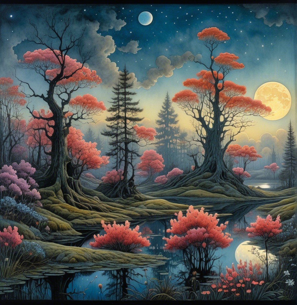 Tranquil Landscape with Pink Foliage and Starry Sky