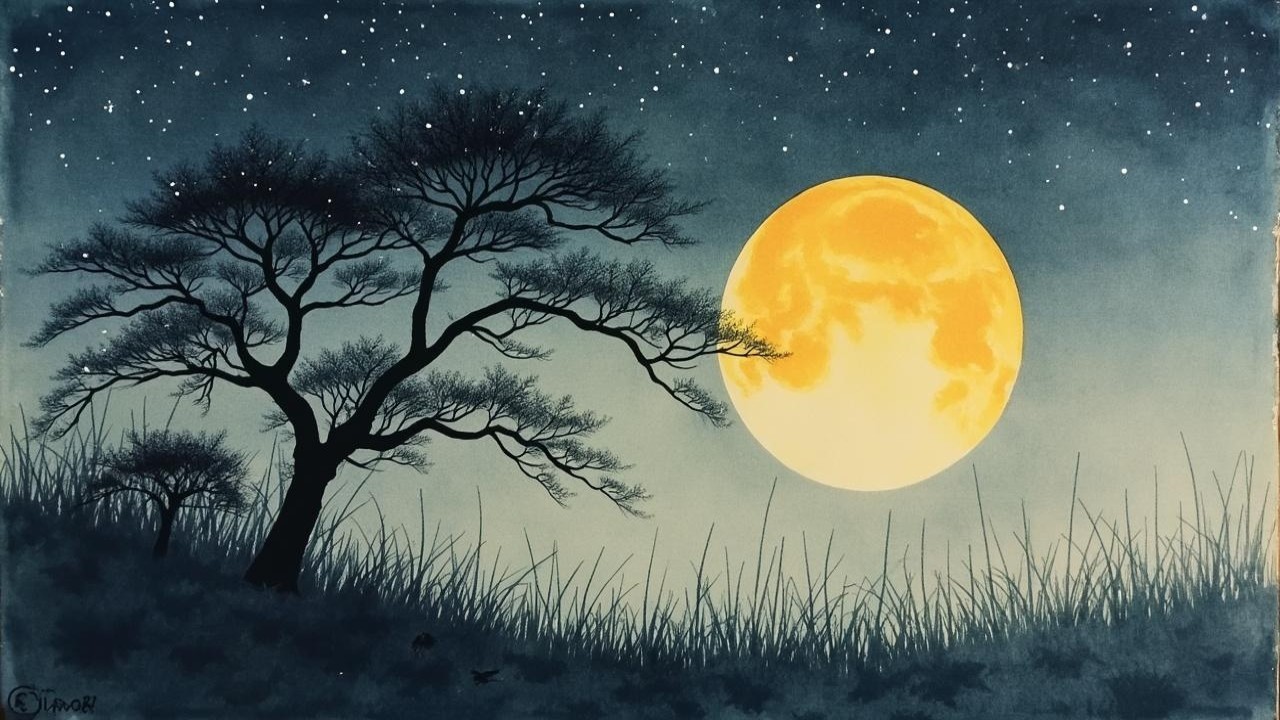 Serene Night Scene with Moon and Silhouetted Tree