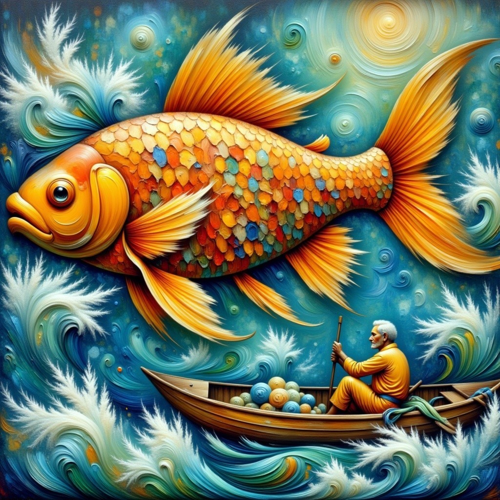 Colorful Goldfish Swimming Through Whimsical Waves