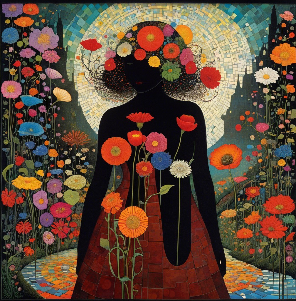 Silhouette of Woman Surrounded by Colorful Flowers