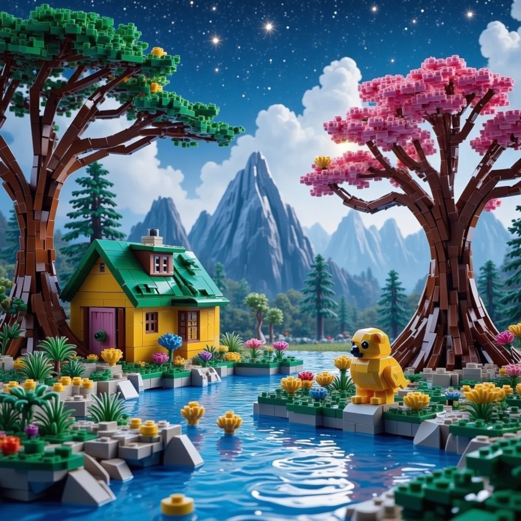 LEGO Scene of Cottage by Pond with Mountains and Trees