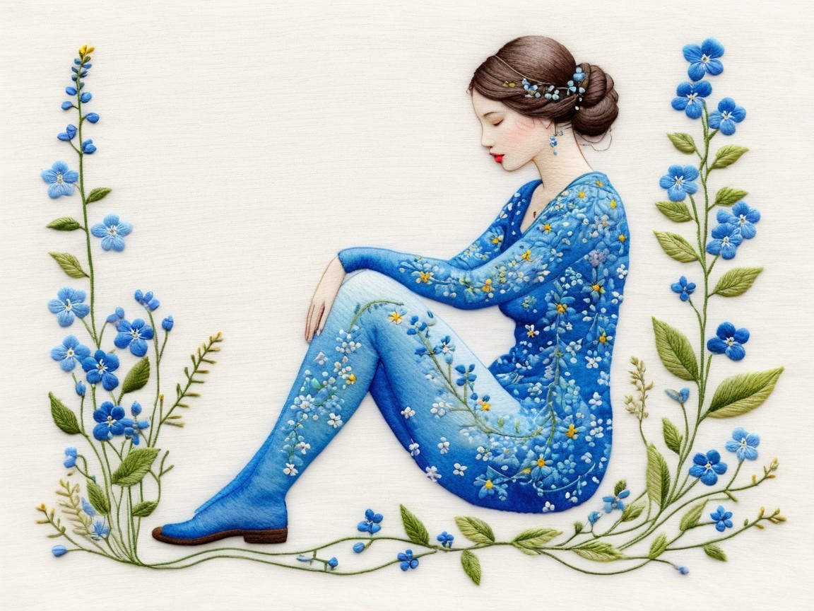 Embroidered Scene of a Woman in Blue Amidst Nature