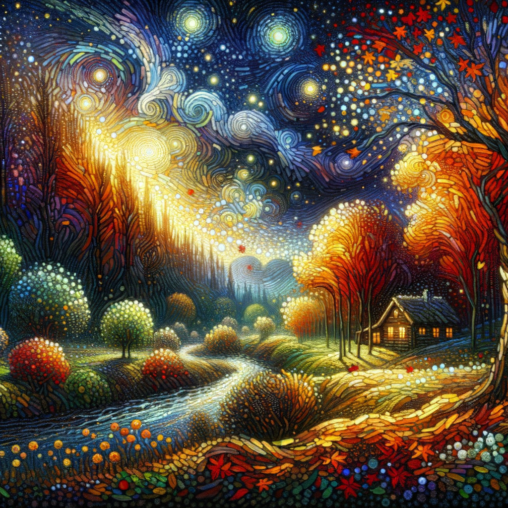Vibrant Autumn Scene with Starry Night and Cabin