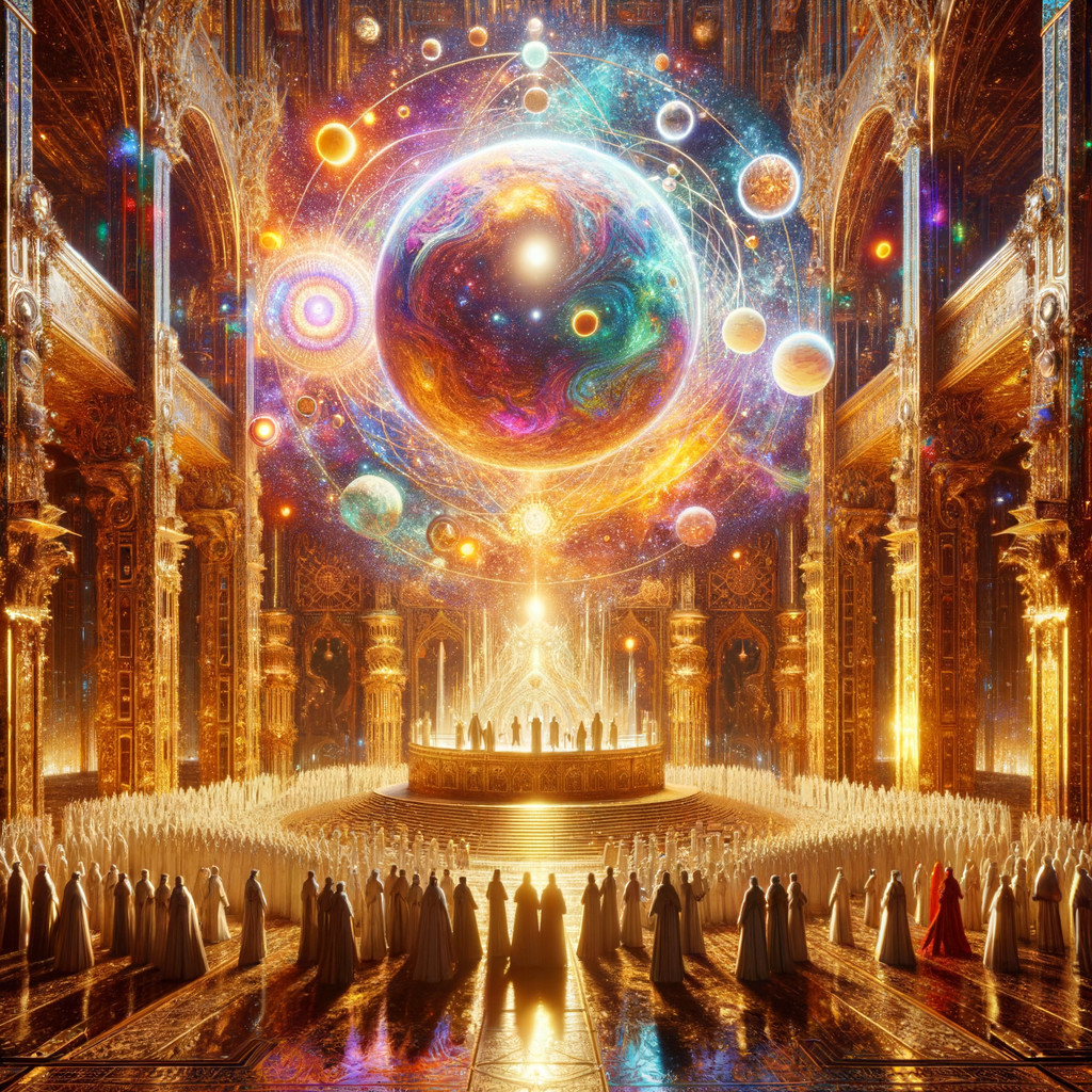 Celestial Scene in Ornate Hall with Reverent Figures