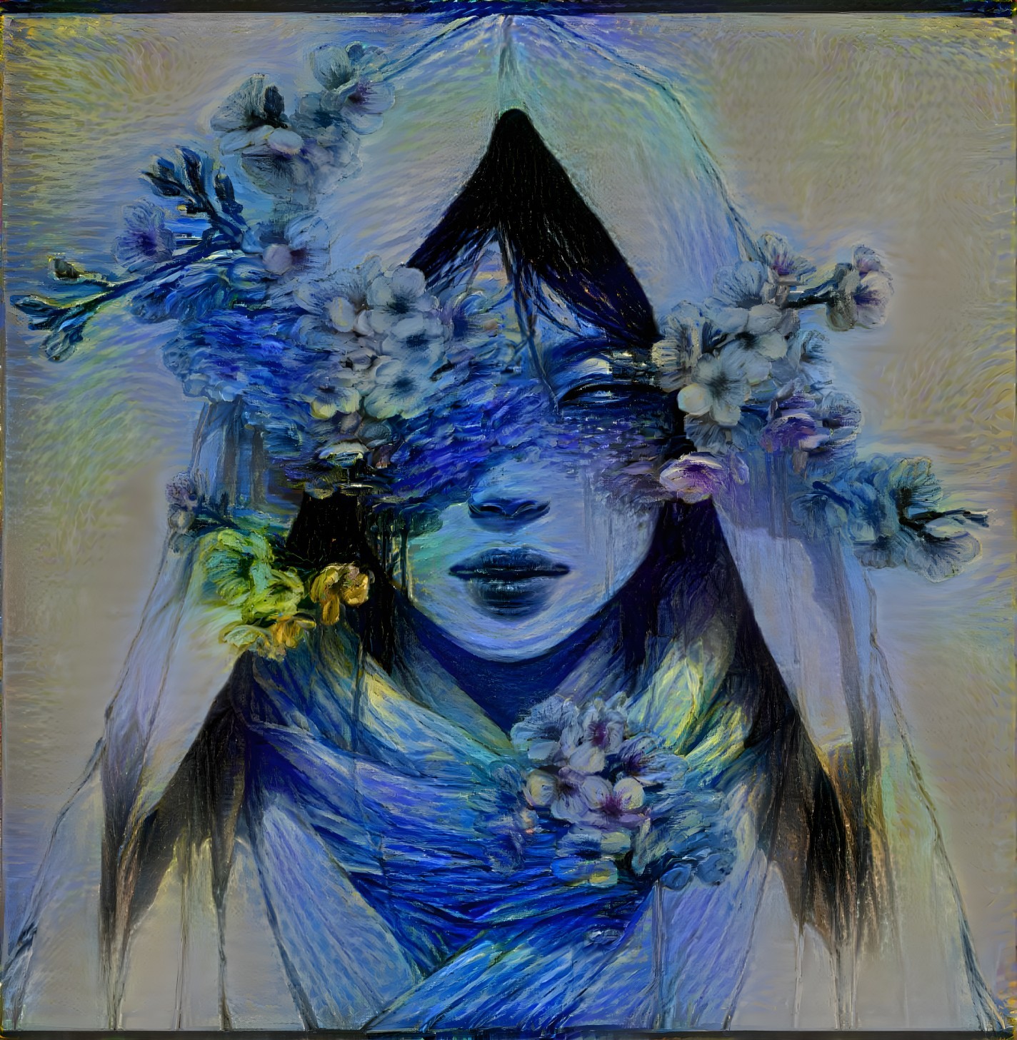 Figure in a veil adorned with blue and yellow flowers