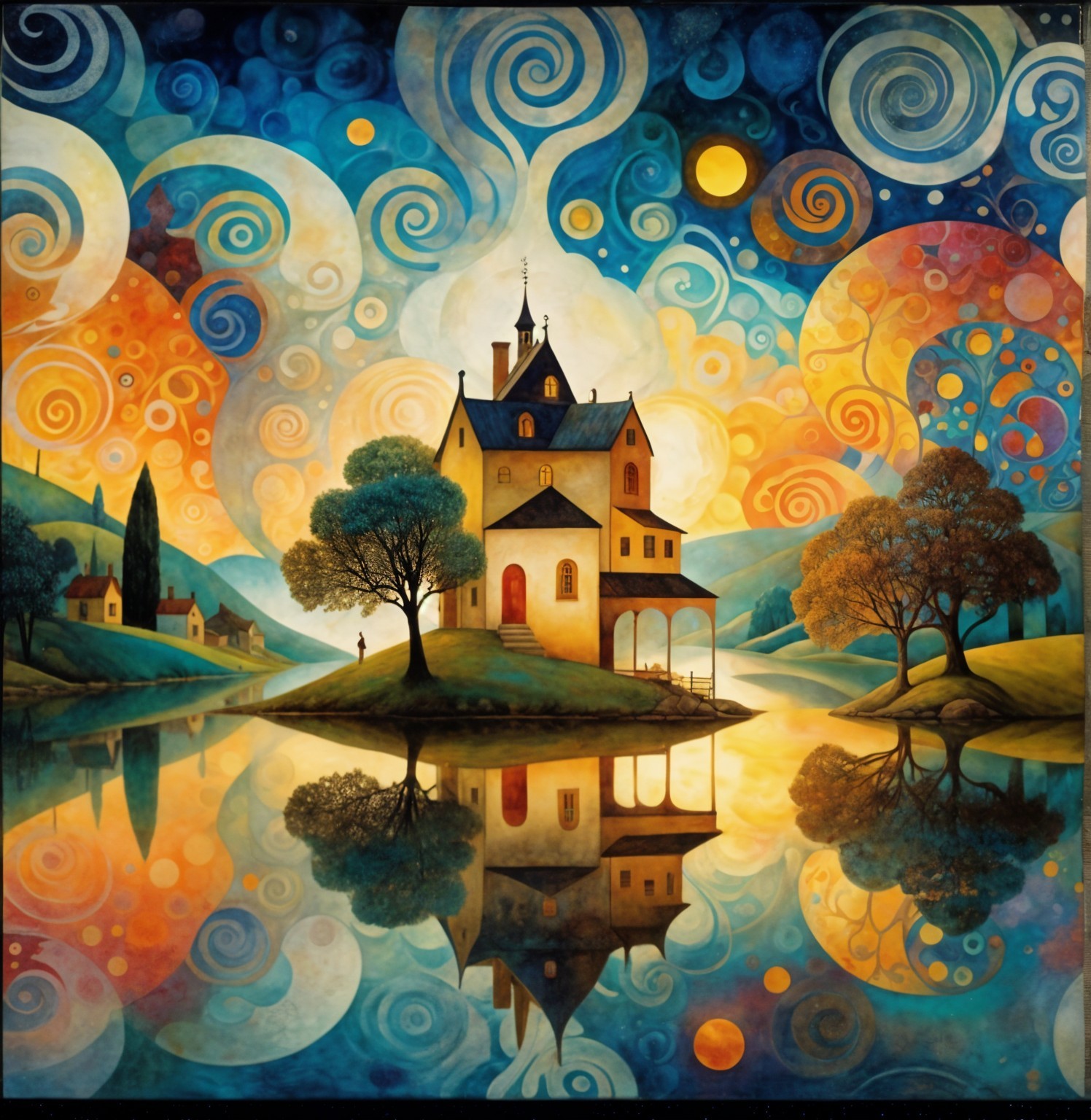 Whimsical House on an Island with Colorful Landscape