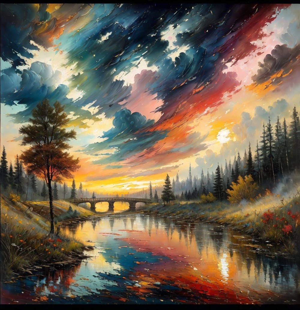 Vibrant River Landscape with Sunset and Old Bridge