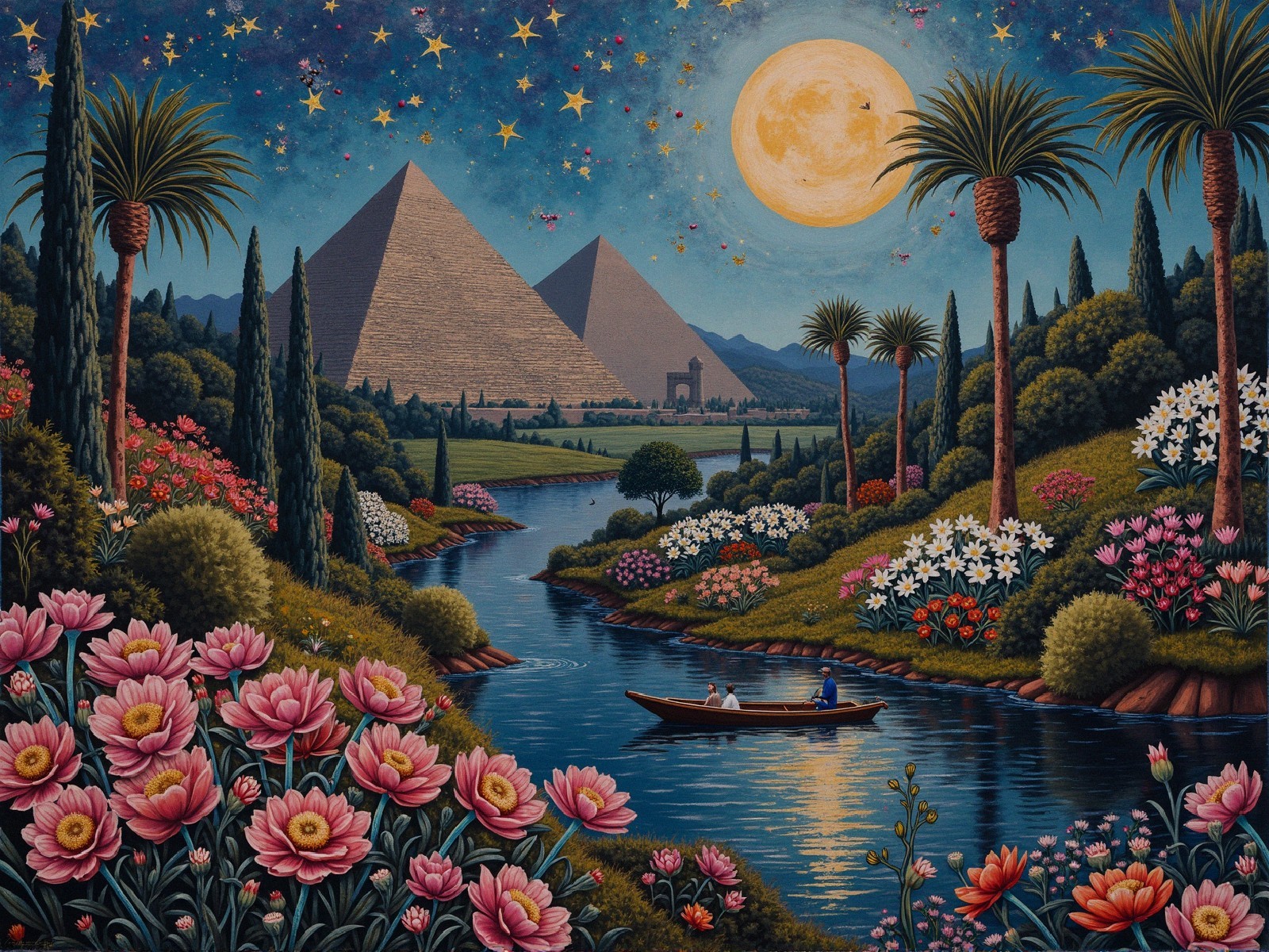 Vibrant Landscape with Pyramids and Starry Sky