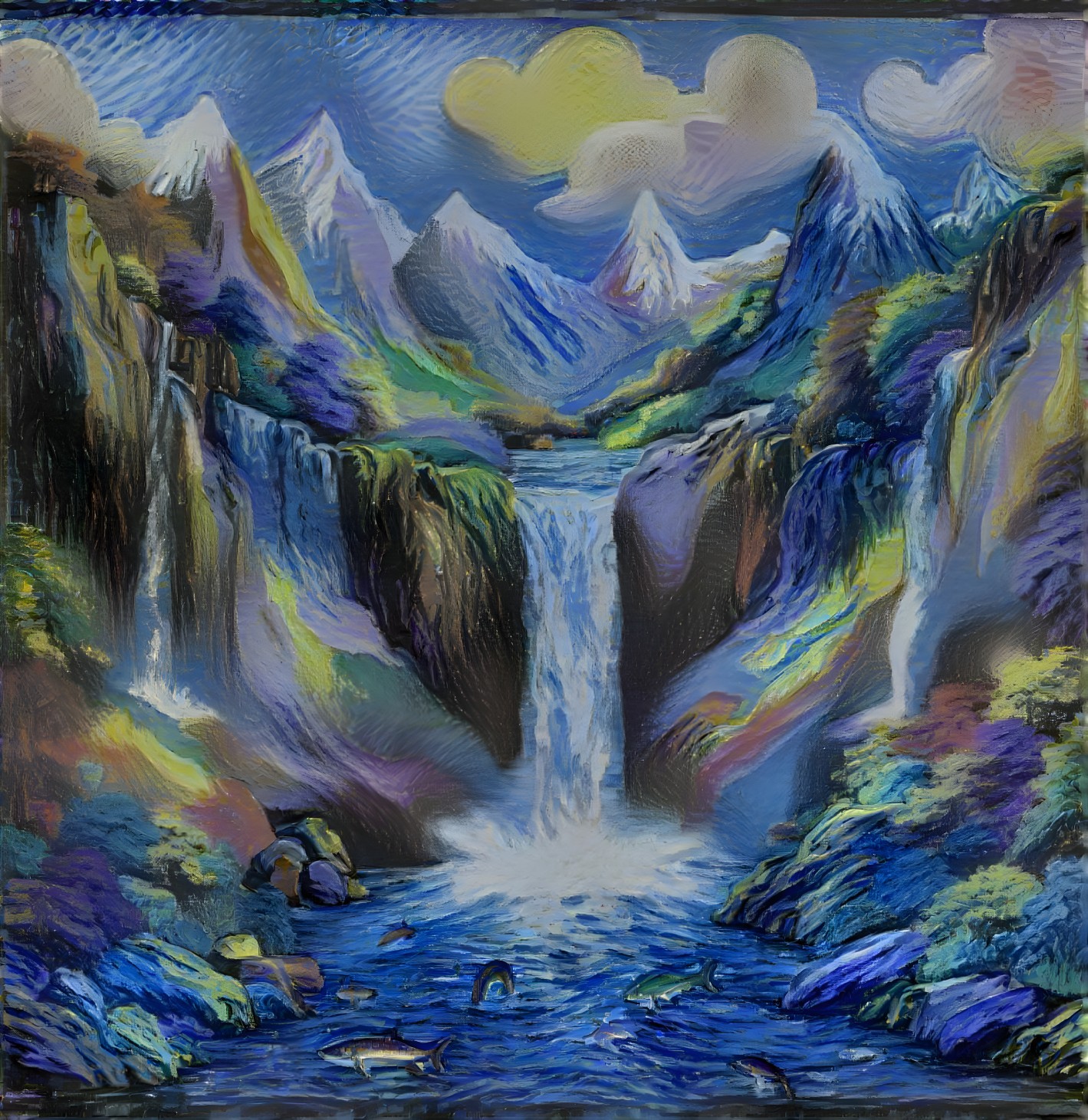 Vibrant Landscape with Waterfall and Mountains