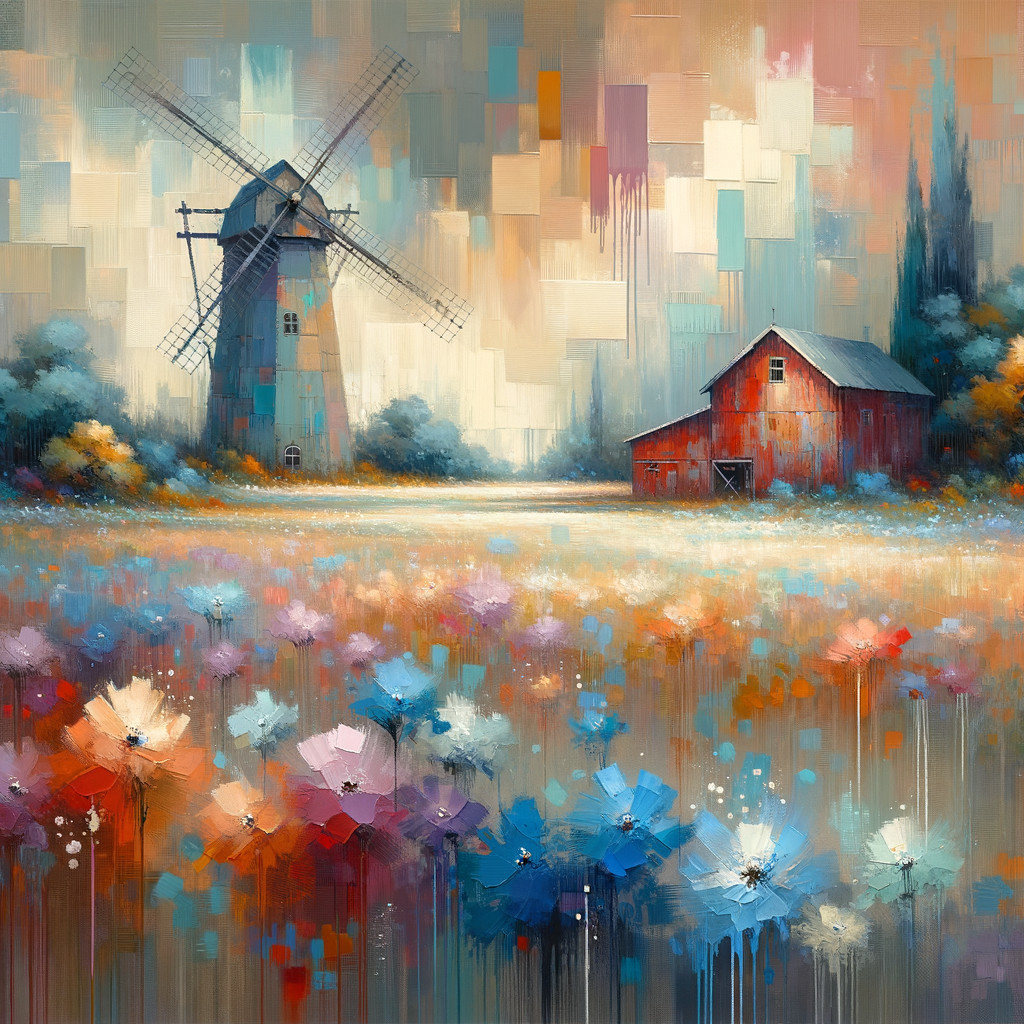 Vibrant Landscape with Windmill and Red Barn