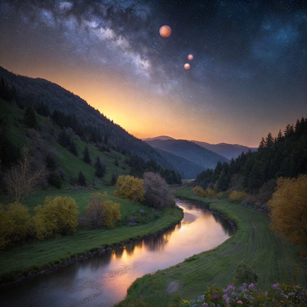 Serene Landscape with Sunset River and Starry Sky