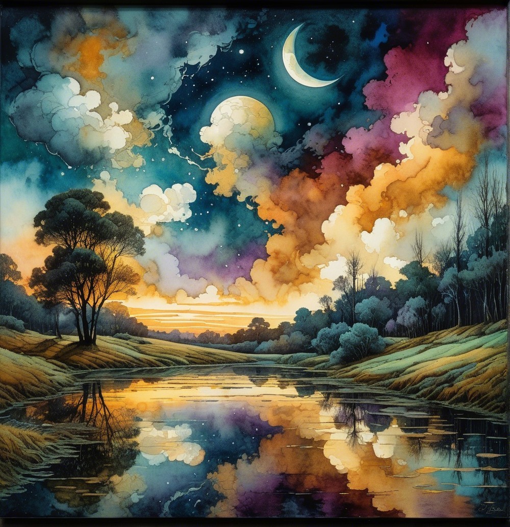 Tranquil Dusk Landscape with River and Celestial Bodies