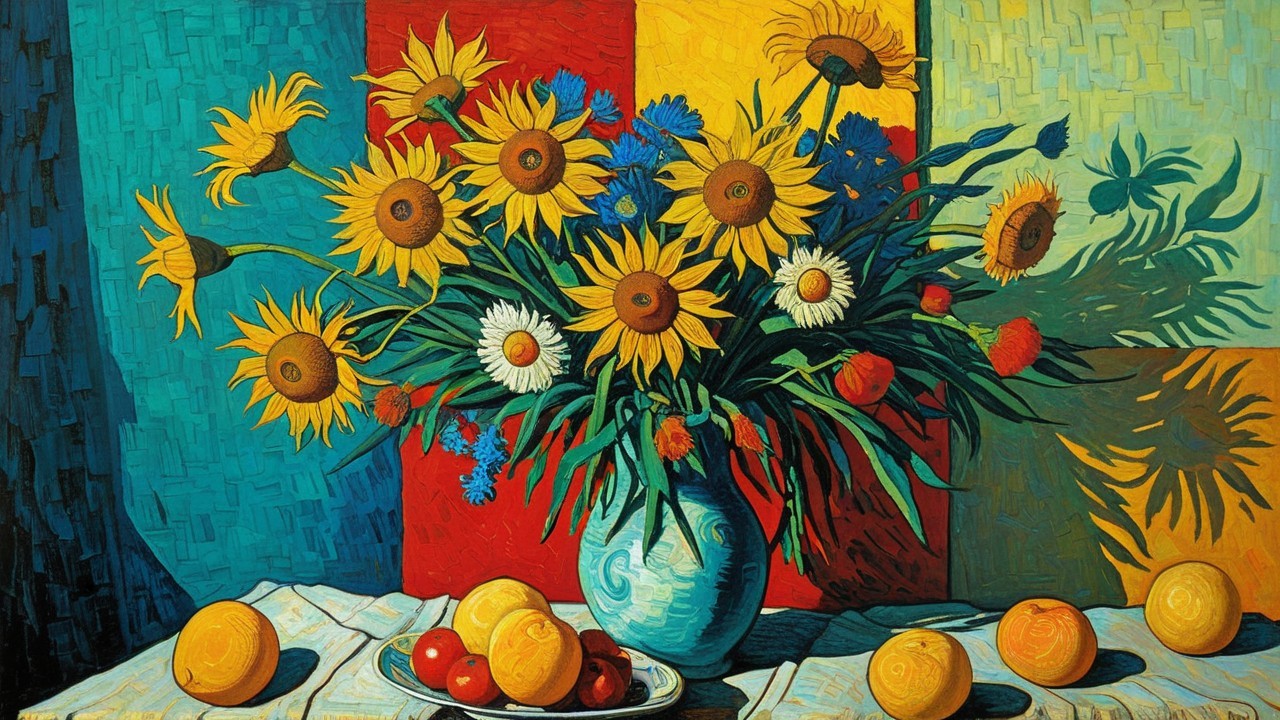 Vibrant Still Life with Sunflowers and Fruits