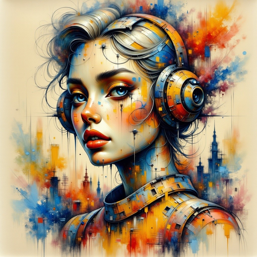 Vibrant Portrait of a Young Woman in Abstract Cityscape