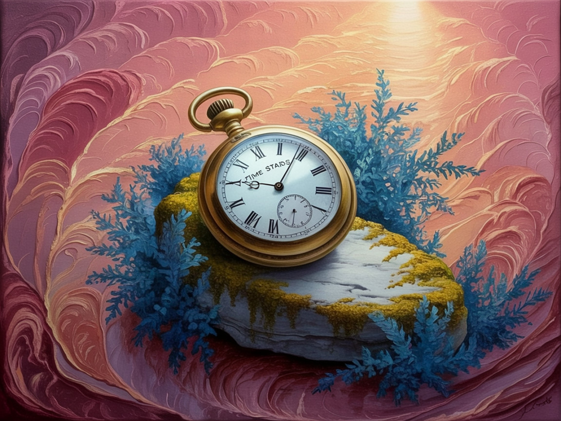 Golden Pocket Watch on Mossy Rock with Coral Background