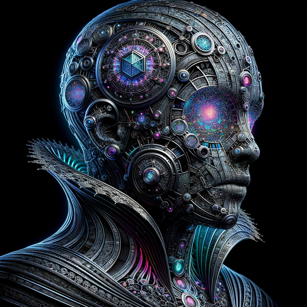 Futuristic humanoid head with metallic components and circuitry