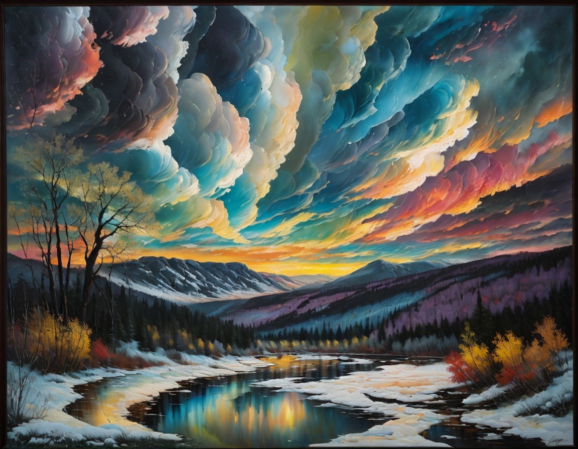 Tranquil River Landscape with Sunset and Mountains