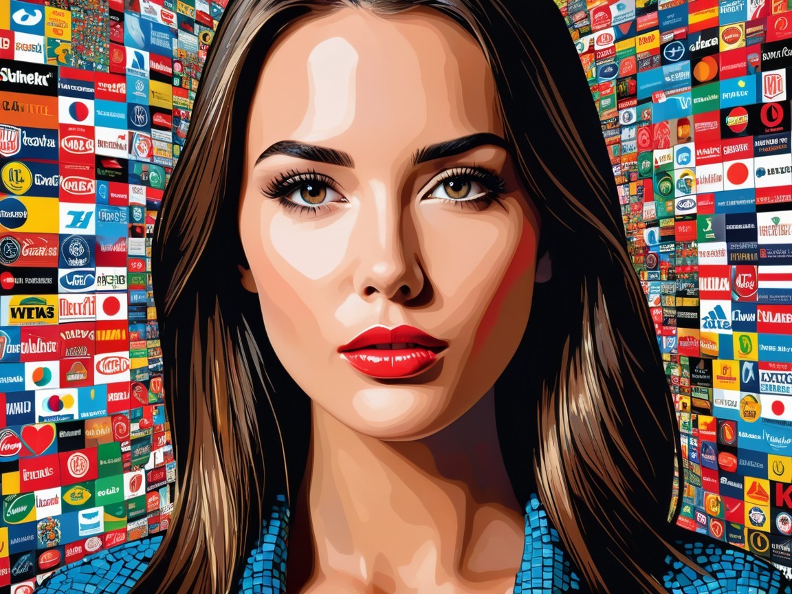 Portrait of a Woman with Bold Features and Logos
