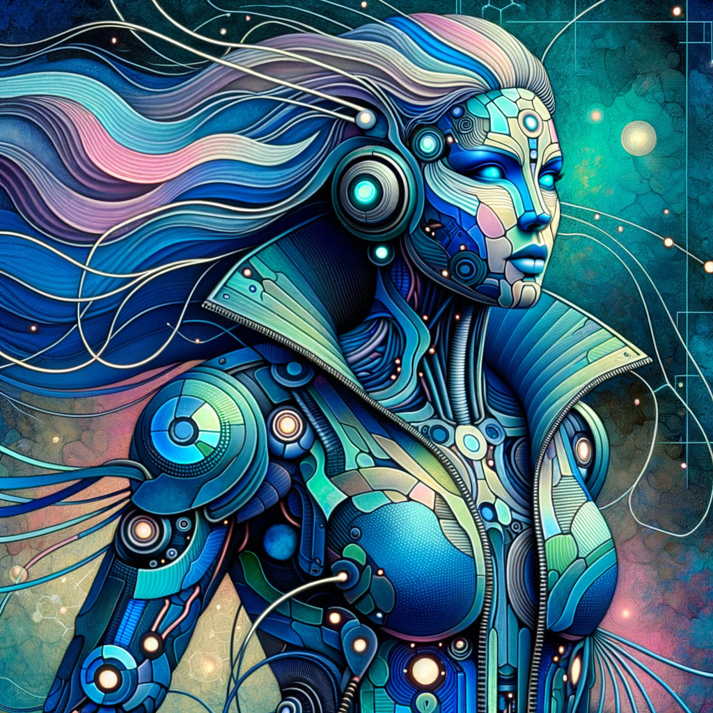 Futuristic female figure with robotic features and colors