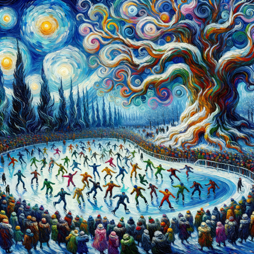 Vibrant Winter Ice Skating Rink with Colorful Trees