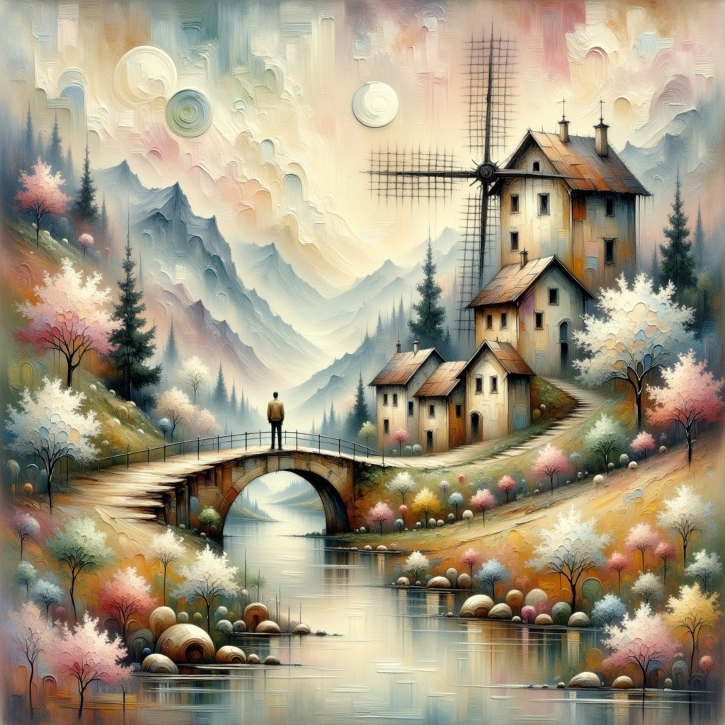 Quaint Village Landscape with Rolling Hills and River