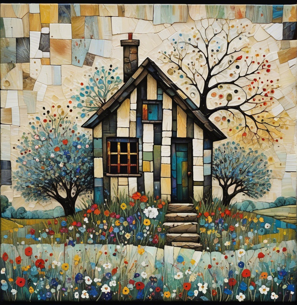 Artistic House Surrounded by Blossoming Trees and Flowers
