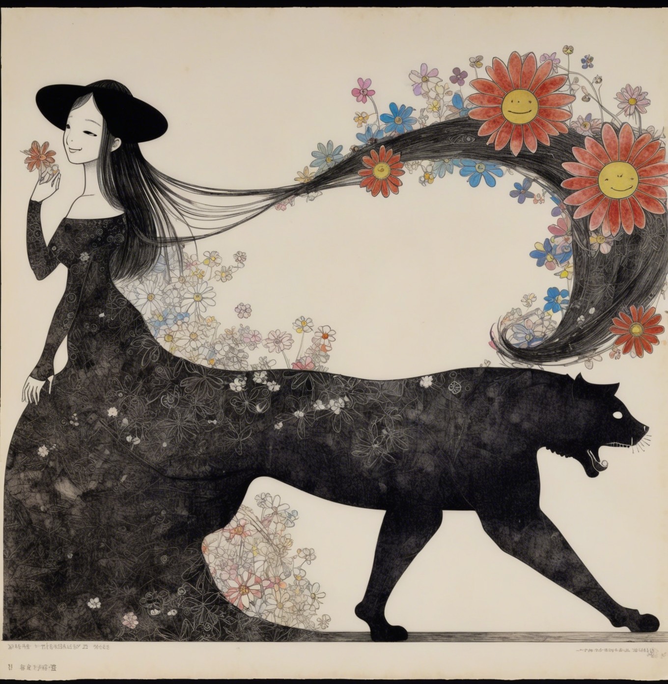 Whimsical Illustration of Woman with Floral Elements