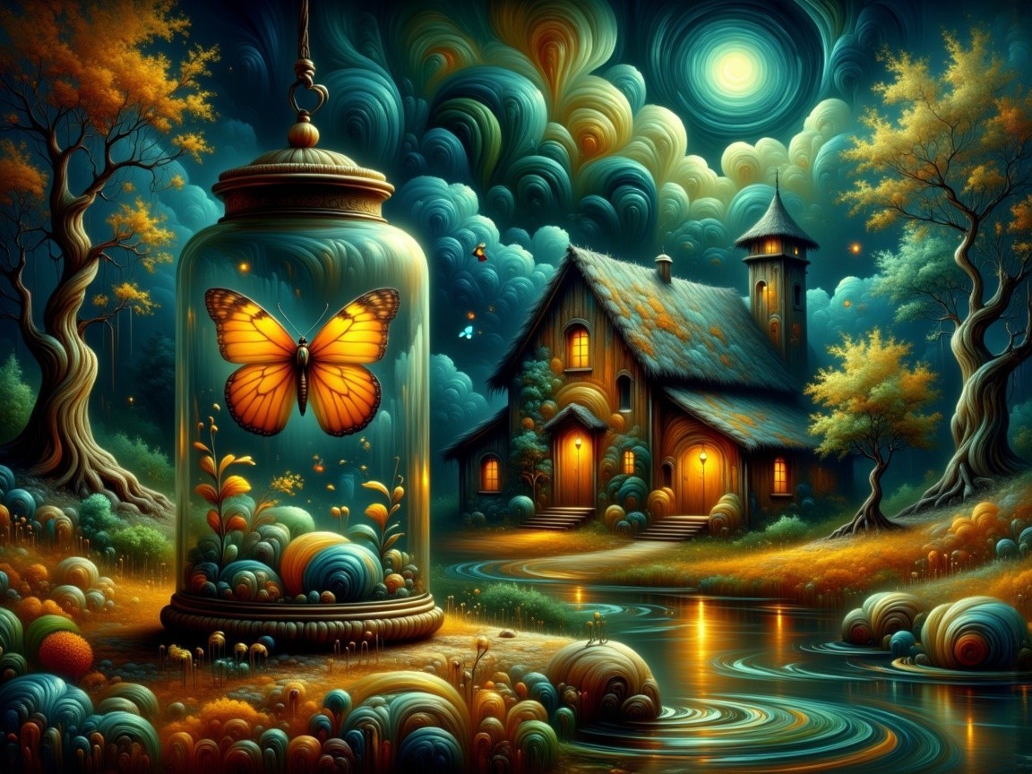 Whimsical Night Sky with Glowing House and Butterfly