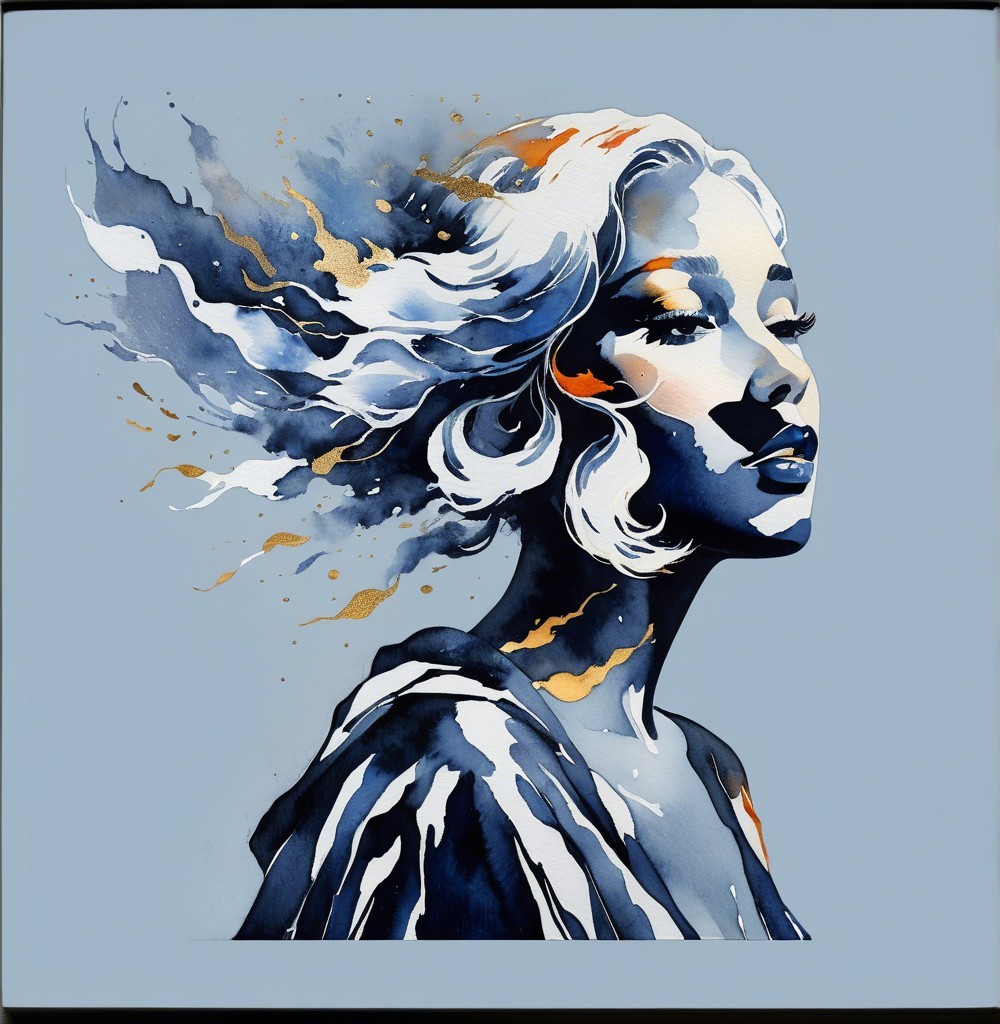 Portrait of a woman with flowing hair in blues and golds