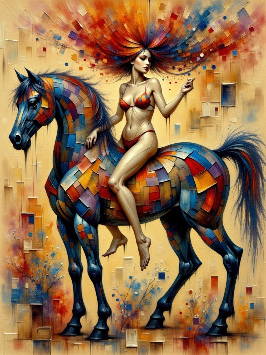 Vibrant Artwork of Woman on Colorful Horse