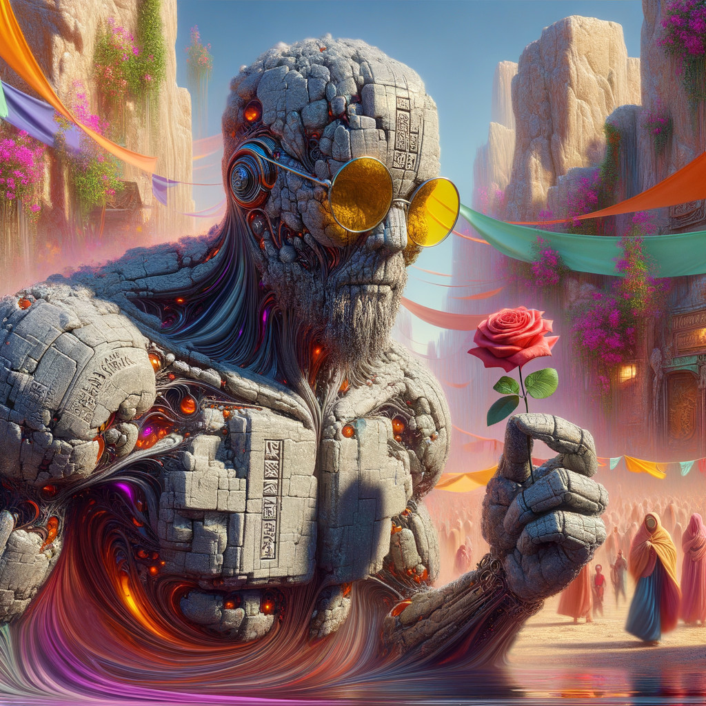 Colossal Stone Figure with Rose in Vibrant Setting