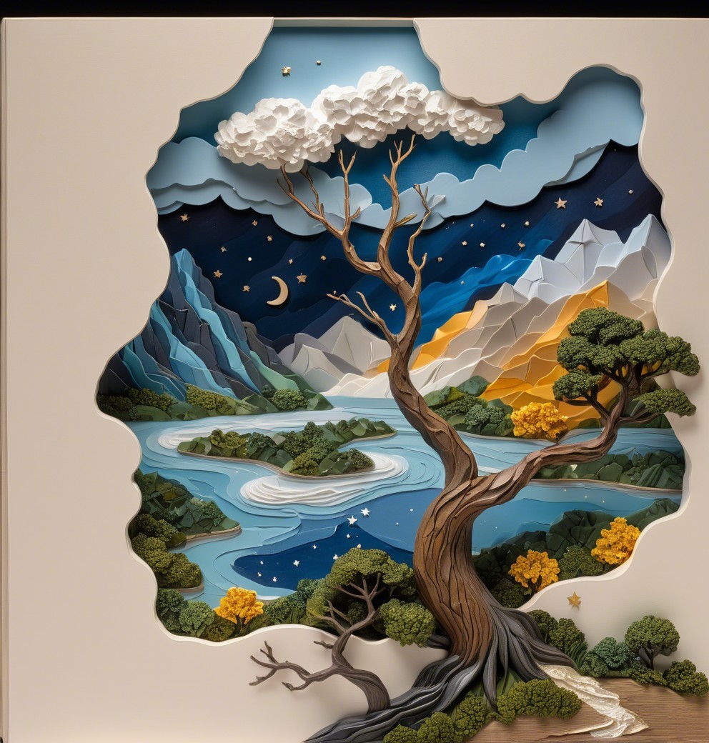 Paper-Art Landscape with River, Mountains, and Tree