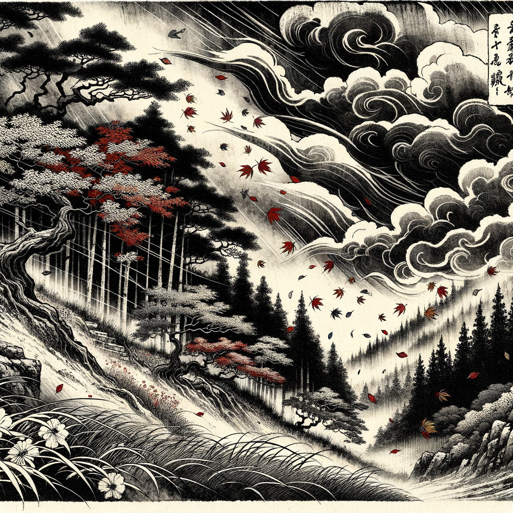 Dramatic Landscape with Swirling Clouds and Trees