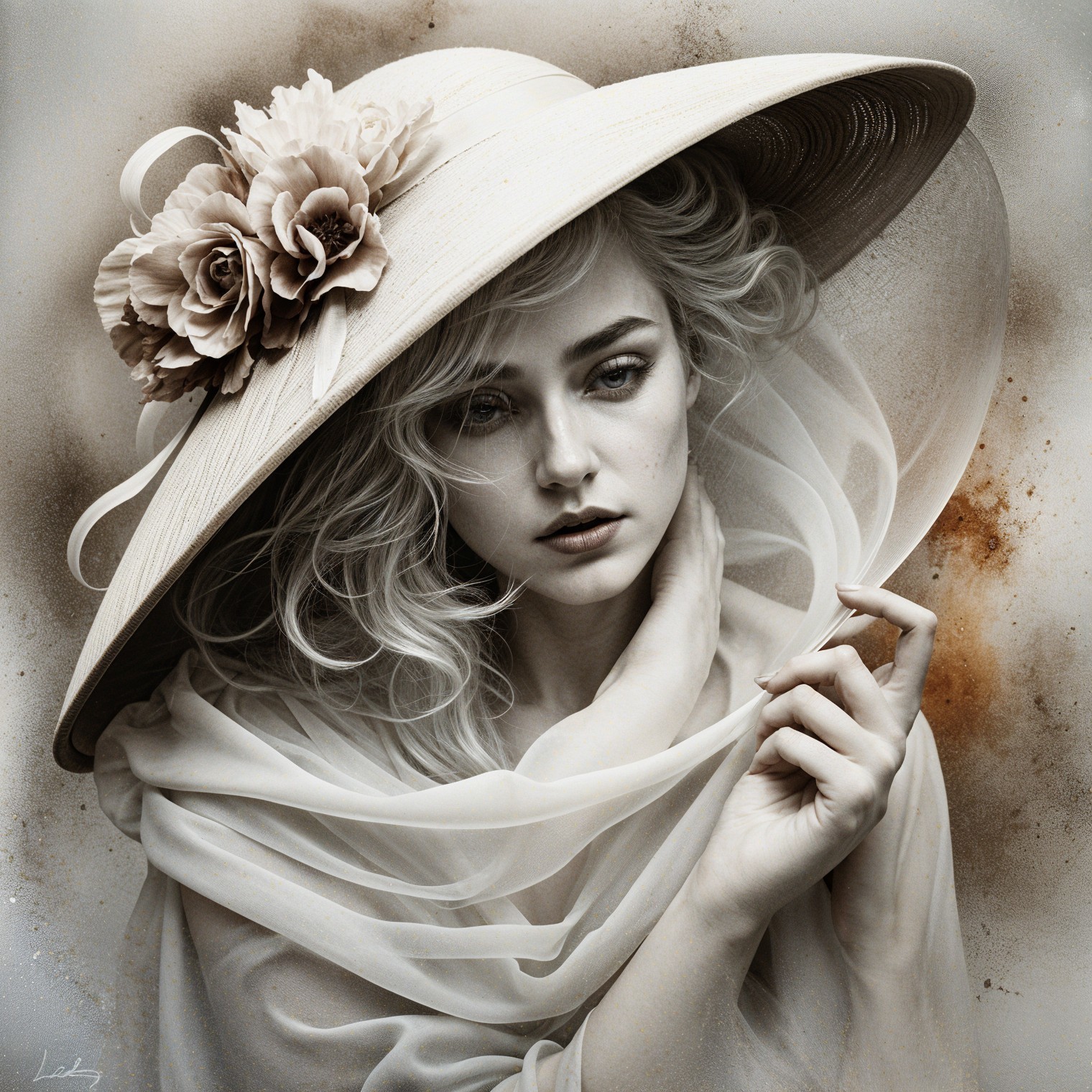 Elegant portrait of a woman in a flowered sunhat