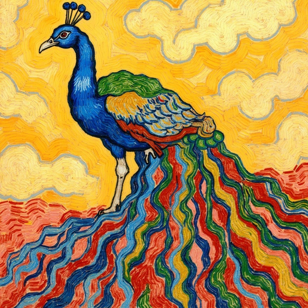 Vibrant Peacock Against Bright Yellow Background