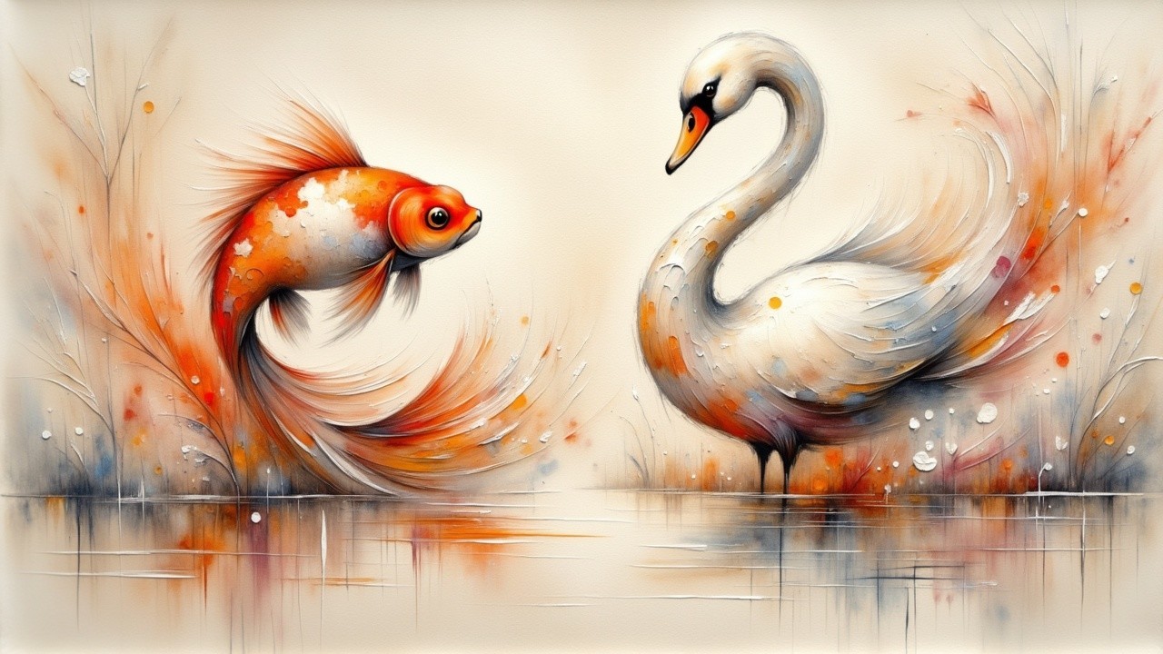 Vibrant Painting of Goldfish and White Swan Friendship