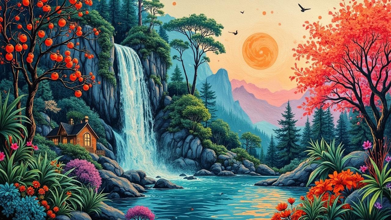 Vibrant Waterfall and Serene Landscape with Cabin