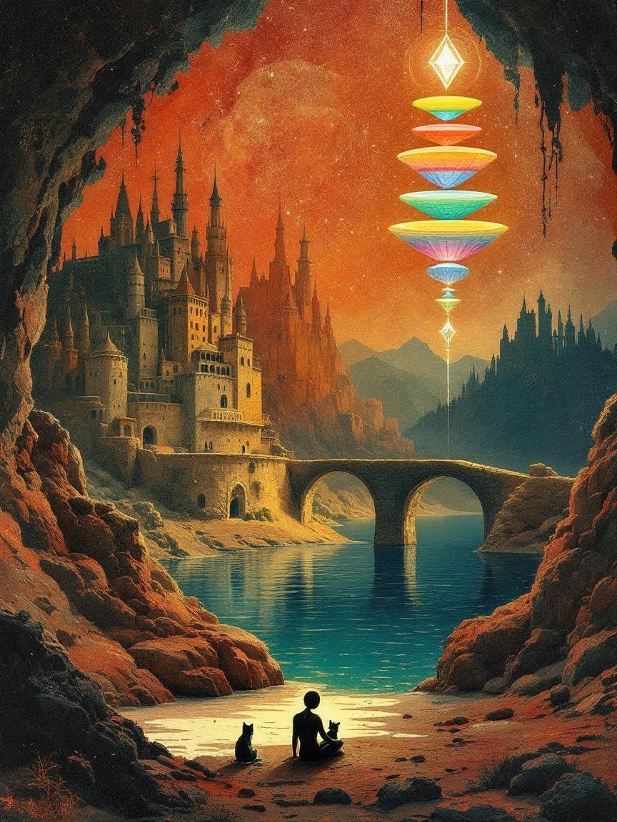 Serene Shoreline with Cats and Sunset Castle View