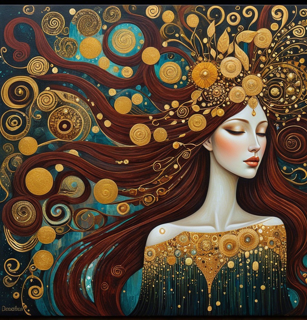 Serene Woman with Red Hair and Gold Patterns