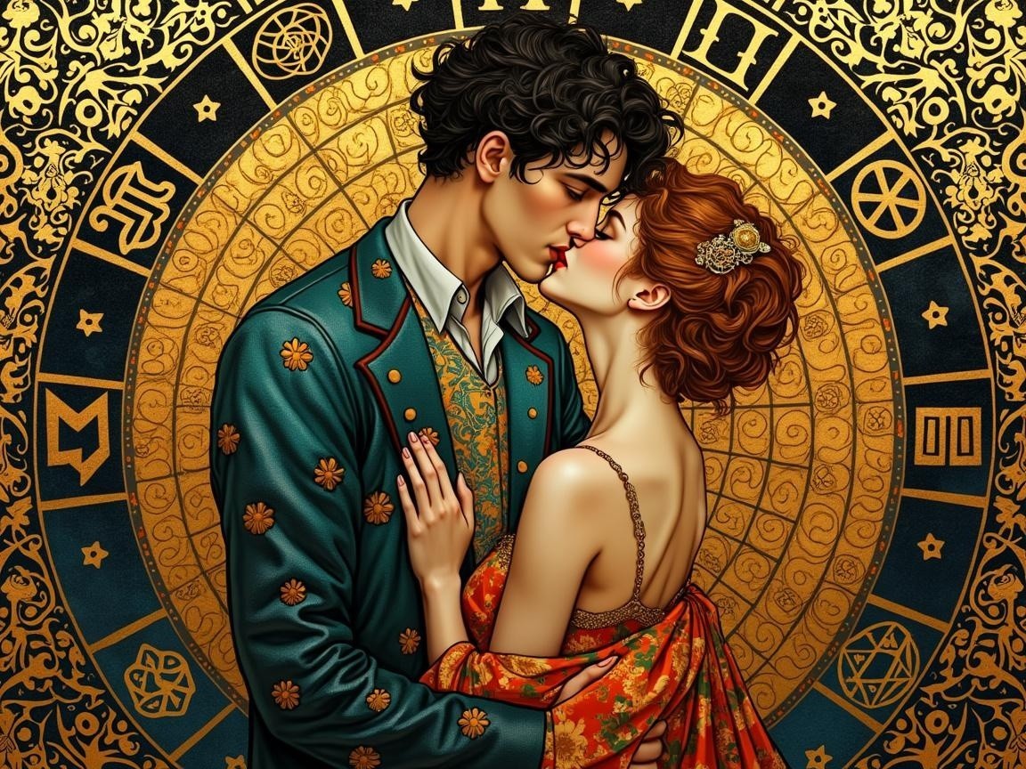 Couple Kissing Amid Zodiac and Celestial Motifs