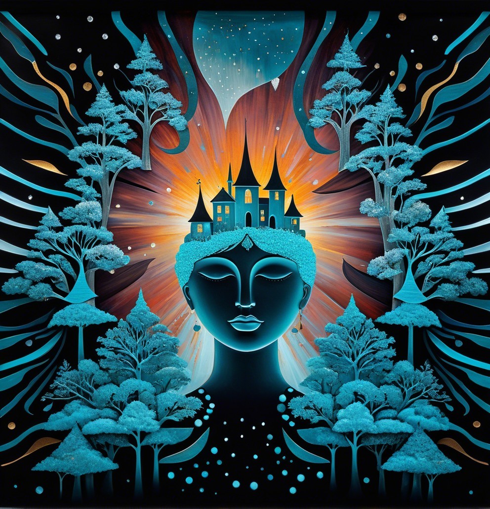Ethereal figure with castle and vibrant colors
