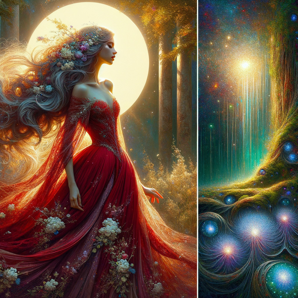 Elegant Woman in Red Gown Under Moonlit Forest