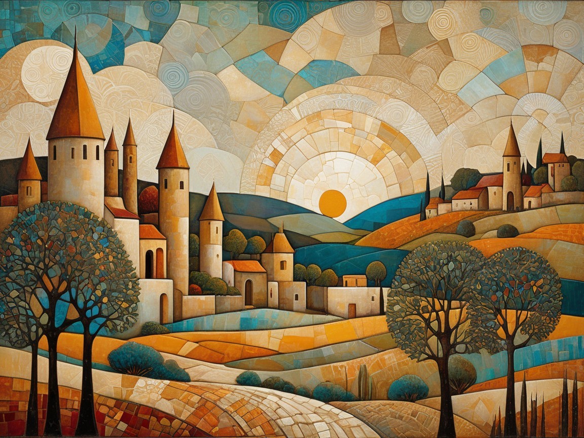 Whimsical Landscape with Castles and Vibrant Sunrise
