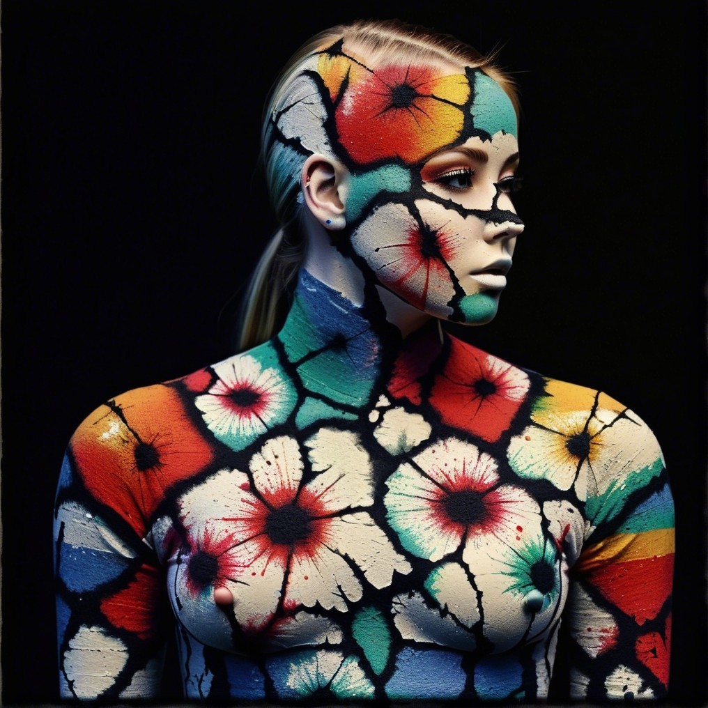 Vibrant Floral Body Painting with Cracked Paint Effect