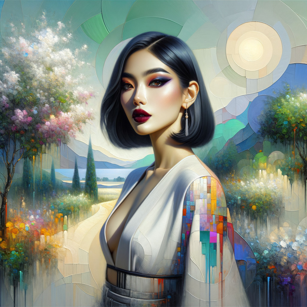 Stylized portrait of a woman in vibrant landscape setting